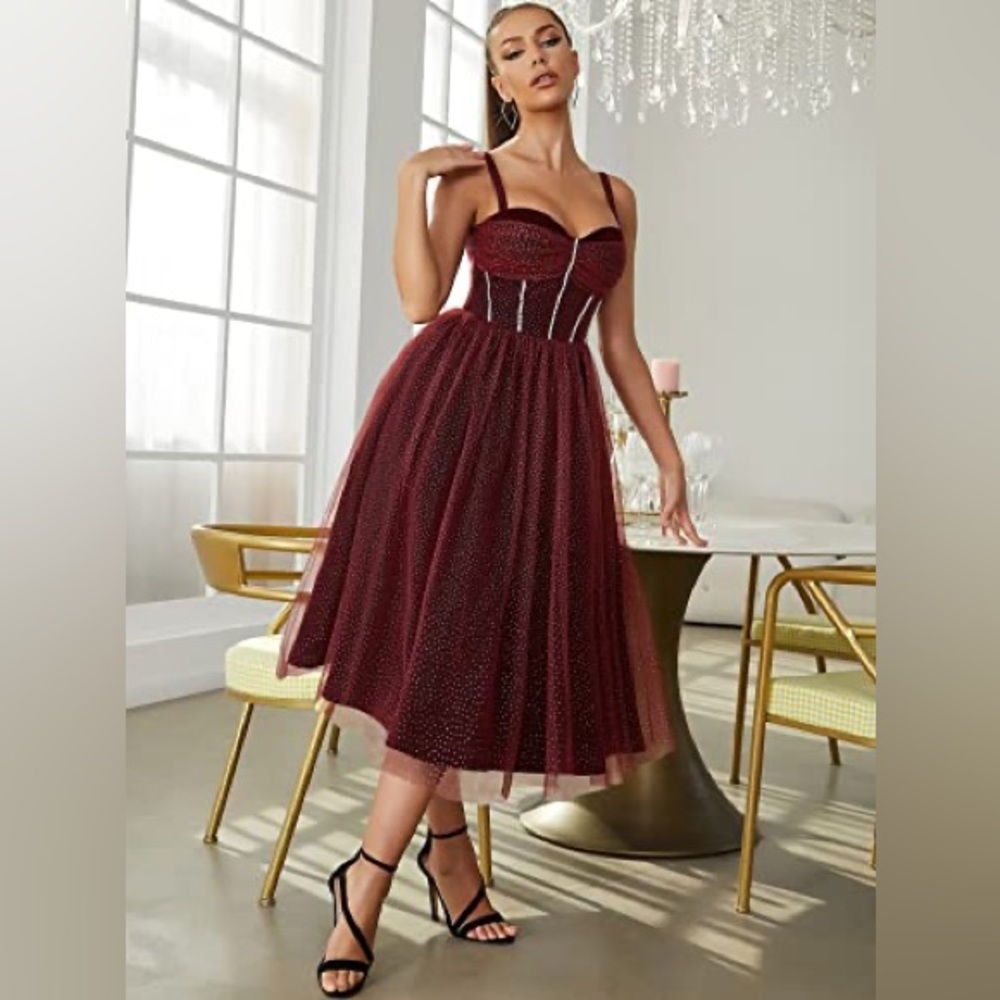NWT Luxedo Burgundy Rhinestone Trimmed Bodice Dress with Gold Accent Tule Skirt